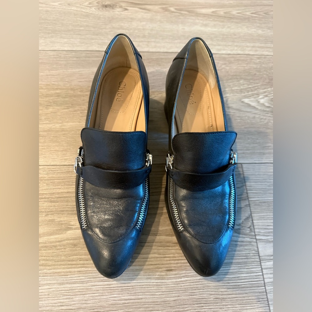 Chloe Palmer Black Leather Loafers with Silver Accent. Size 36. Gently worn. - Picture 3 of 10